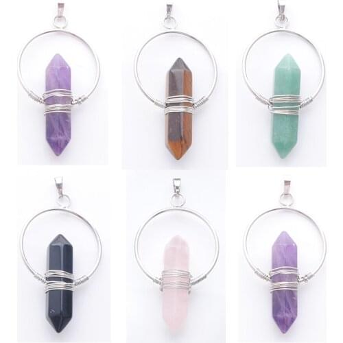 6Pcs Women Yoga Jewelry Natural Stone Healing Pointed Pendant For Necklaces Hexagonal Column Circle Winding Wire Bullet TBN395