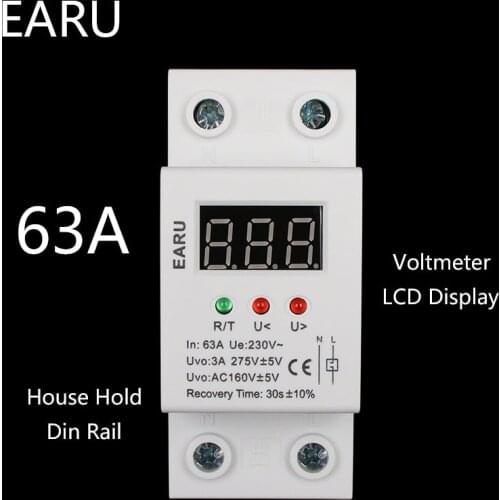 63A 220V automatic reconnect over voltage and under voltage protection protective device relay with Voltmeter voltage monitor