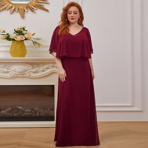 Burgundy V-Neck Evening Dress Ruffles Short Sleeves Simple Beads A-Line Elegant Floor-Length Plus Size Women Formal Gowns D965