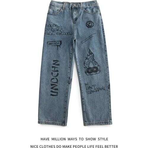 New Arriva Graphic Autumn Spring Straight Mens Denim Pants Unisex Womens Boyfriend Style Sweatpant Trousers Casual High Street