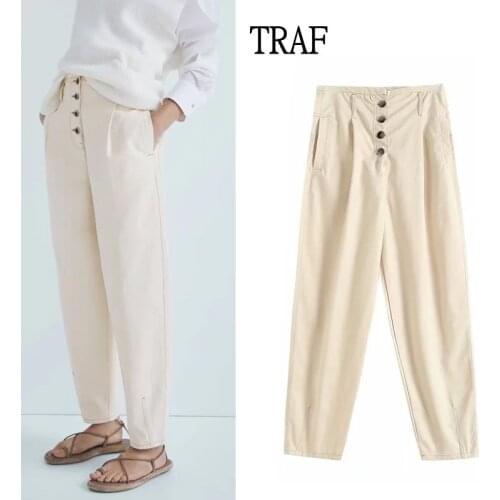 TRAF Za Women Pants 2021 Korean Fashion Cotton High Waist Pants Woman Wide Leg Pant Streetwear Women Vintage Casual Trousers