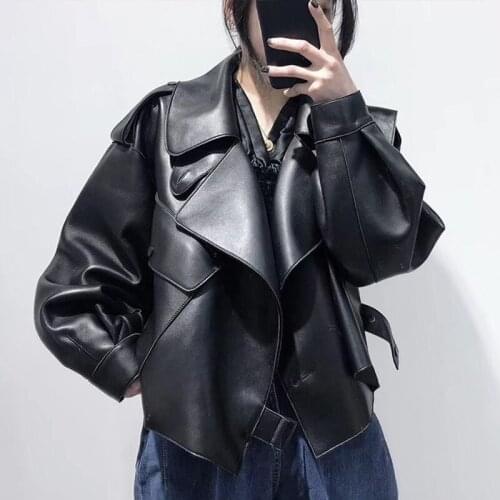 Spring Autumn New Women Biker Short Loose Soft Faux Pu Leather Jacket Turn-down Collar Street Casual Outwear Black Overcoat