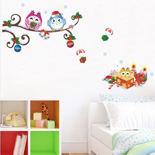 Cute Owlets Dress Up Santa Claus Wall Stickers For Kids Bedroom Home Decoration Festival Mural Art Xmas Gift Animal Wall Decals