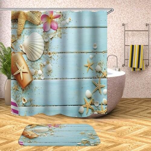 Ocean Beach Shell Sea Waterproof Shower Curtain Printed Pattern Bath Curtains Bathroom Bathtub Decor Hanging Curtains With Hooks