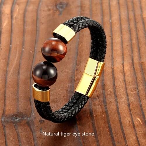 2021 New 18mm Natural Double Tiger Eye Stone Turquoise Agate Volcanic Stone Energy Leather Cord Bracelet Super Cool Mens 316 St
