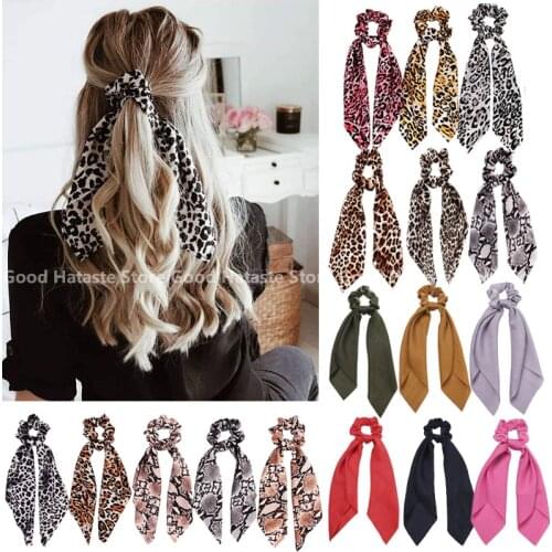 Fashion Leopard Print Bow Satin Long Ribbon Ponytail Scarf Women Girls Hair Tie Elastic Hair Bands Scrunchies Hair Accessories