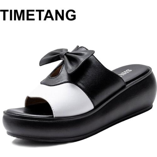 TIMETANG sandals women genuine leather wedges heels slippers woman platform summer shoes butterfly-knot woman thongs