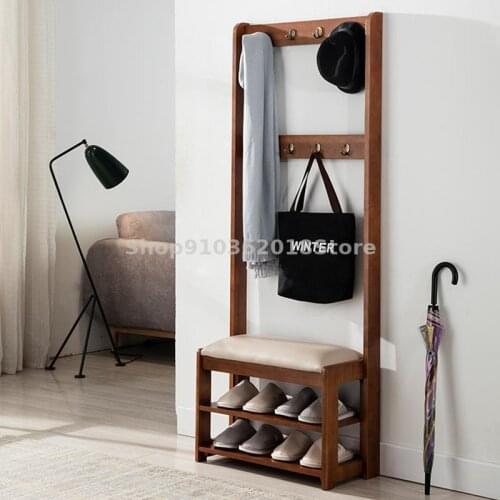 Solid Wood Shoe Changing Stool Clothes Rack Integrated Floor Foyer Clothes Hanging Hat Rack Shoes Rack Simple Multi-function