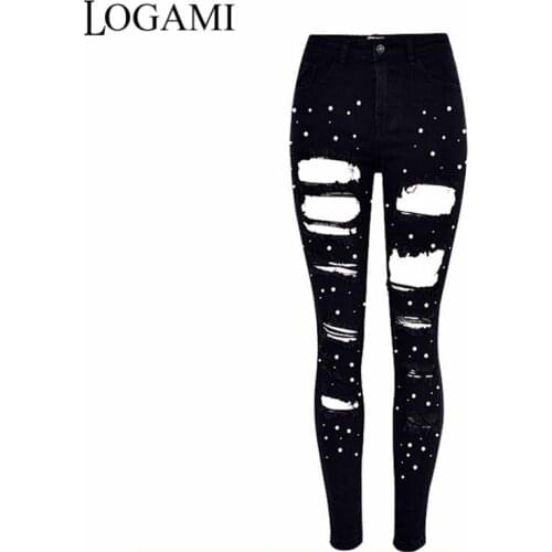 LOGAMI High Waist Jeans Woman Pencil Ripped Jeans with Pearl Womens Pants Black Vaqueros Mujer Cintura Alta