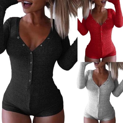 Women Solid Color Stretch Knitted Playsuit Casual Long Sleeve Button Round Neck Slim Hip Button Open Homewear Bodycon Rompers
