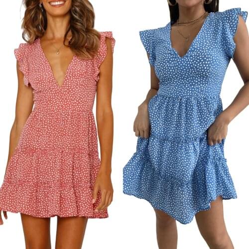 Ladies Sexy V-neck Short Dress, Summer Women Temperament Dot Printing Short Sleeve Flouncing Slim Skirt for Dating Shopping