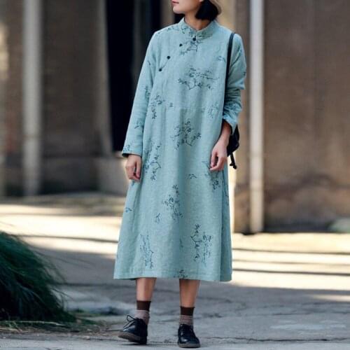 Johnature Women Vintage Thick Dress Print Floral Chinese Style Stand Robes 2020 Winter New Warm Cotton Linen Fleece A-Line Dress