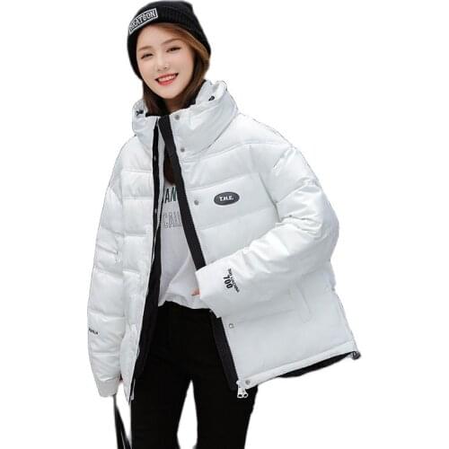 Women Winter Stand Collar Short Contrast Color Letters Windproof Coat Puffer Jacket Cotton Padded Parkas Outwear Overcoat