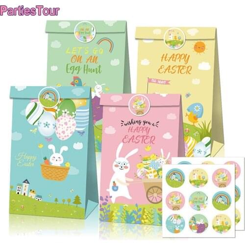 12pcs Easter Paper Bag Bunny Eggs Candy Gift Bags With Stickers Happy Easter Candy Food Cookies Packing Paper Bags Gift Decor