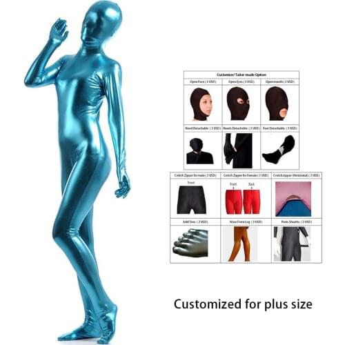 2018 free shipping bodysuit metallic Spandex Shiny Light Blue womens Unitard Catsuits Metallic Footed Zipper Zentai Bodysuit
