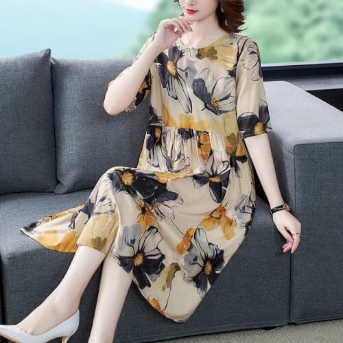 2021 Spring Summer Women Dress A-Line O-Neck Short Sleeve Graceful Floral Print Fashion Casual Loose Elegant Soft Clothing M248