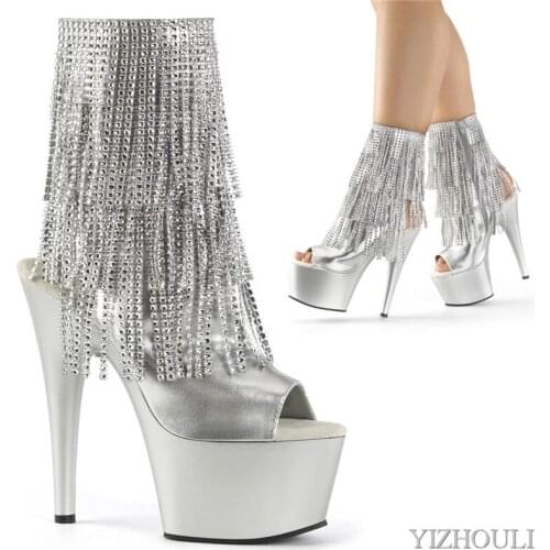Pole dancing 17cm ankle boot, sparkly fringed vamp upholstery 7in road toe sexy model, dancing shoes