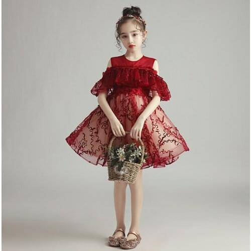 Flower Girl Dresses Illusion Embroidery O-Neck Short Princess Knee-Length Lace Tulle Luxury Burgundy Lovely Kids Party Gown H357