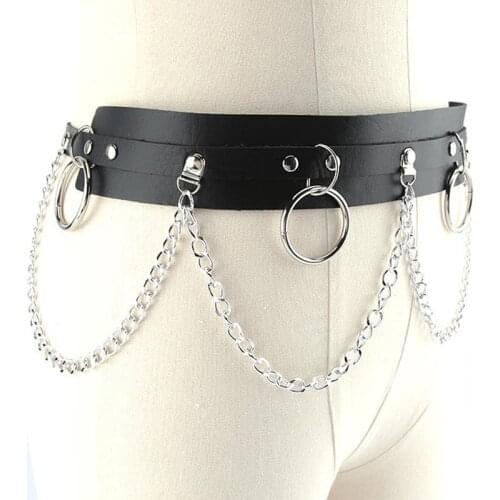 Women Men Belt Punk Gothic Faux Leather Belt Metal Chain Ring Waist Strap Street Dance Decor