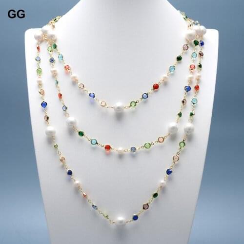 GG Jewelry Natural Freshwter White Round Keshi Pearl Cubic Zirconia Micro CZ Pave Gold Plated Chain Long Necklace For Women