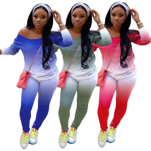 HAOOHU Sportwear Gradient Print Womens Set Off Shoulder Off Shoulder Tops Pants Suit Tracksuit Matching Set Casual Outfits