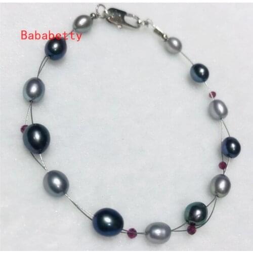 Beautiful New Handmade Natural Freshwater 5-6 mm Pearls Figure Shaped Gray Black Bracelet7.5" AAA