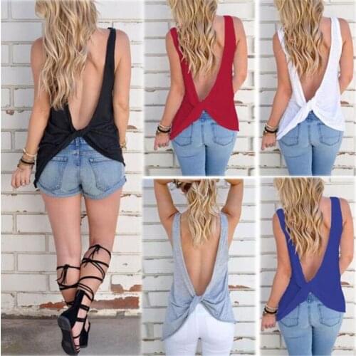 New Summer Women Sexy Sleeveless Backless Shirt Knotted Tank Top Sexy Vest Tops Tshirt Open Back T Shirt