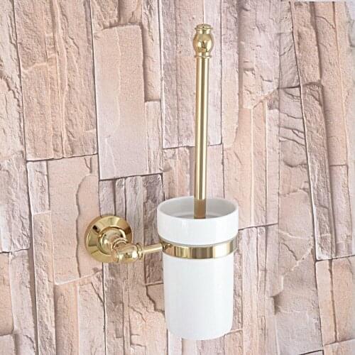 Wall Mount Gold Color Brass Toilet Brush Holder With Ceramic Cup Bathroom Accessories tba313