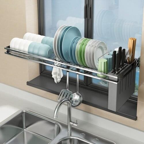 Kitchen Stainless Steel Window Sill Wall-Mounted Shelf Rack Dishes Drain Rack Sink Dish Rack Dishes Storage Rack