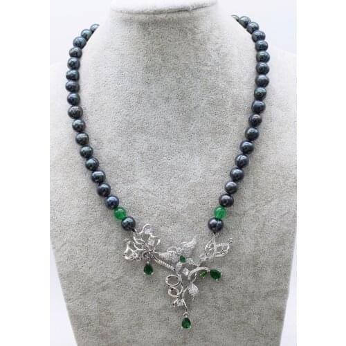 Freshwater Pearl black round 9-10mm +green jade Pendant Necklace 46cm Wholesale for women xmas gift