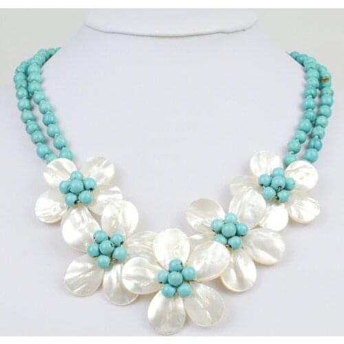 Blue Stone Beads White Shell Flower Statement Necklace Women Wedding Party Necklace Gift for Evening Dress Jewelry Accessories