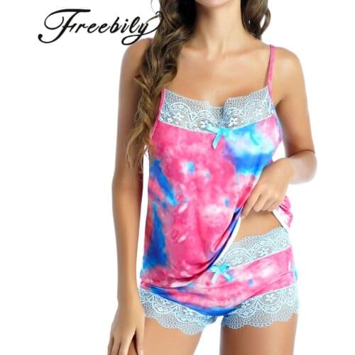 2Pcs Tie Dye Pajama Short Set Women Sleeveless Lace Tank Top and Shorts Pj Set Sleepwear Pijama Suit