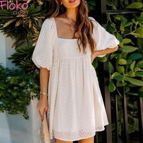 Flokocloset Sexy Backless Lantern Sleeve Mini Dress White Party Women Dresses Summer 2021 Ladies Casual Elegant A Line Dresses