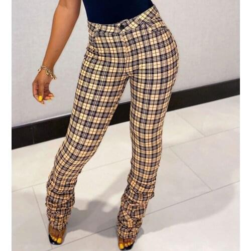 TNNAOFF Sexy Plaid Print High Waist Stacked Flare Sweatpants for Women Fall Fashion Elastic Skinny Jogger Button Casual Trousers
