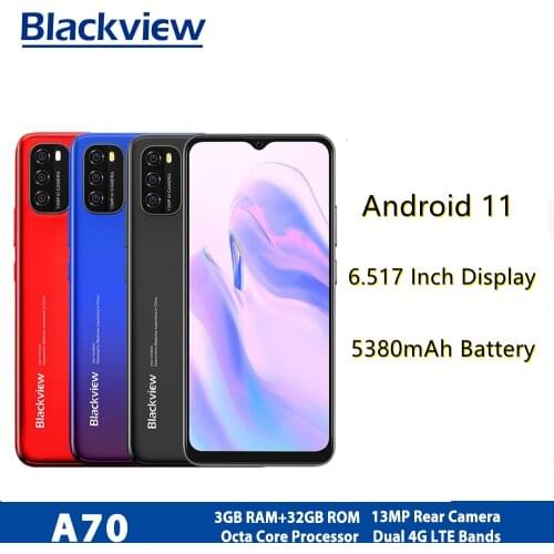 Blackview A70 Android 11 Mobile Phone 3GB RAM+32GB ROM 5380mAh 13MP Rear Camera 4G Smartphone 6.517 Inch Display Octa Core Phone
