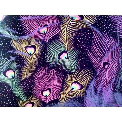 Crazy discount high grade luxury Violet Peacock feather Flocking fabric silk velvet cotton fabric for dress tissus with stone