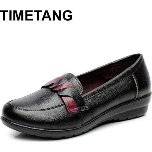 TIMETANG 2021Women Flats Old Mother Shoes Loafers Slip On Rubber Cow Genuine Leather Solid Polyester Vintage Casual 35-41E503