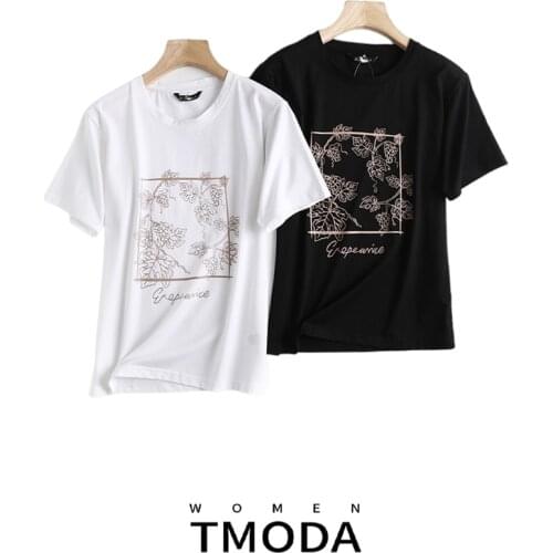 TMODA1266 2021 Summer Women Black White Leaf Print T Shirt Harajuku Vintage Design Women T-Shirt Tops Woman Clothes