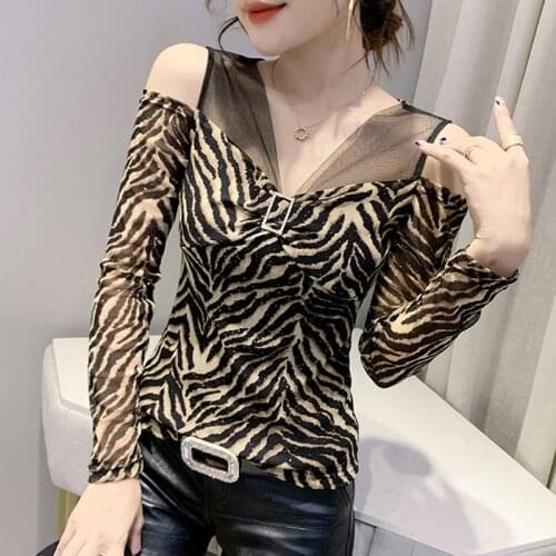 #8623 Casual Vintage Off Shoulder T-Shirts For Women V Neck Thin Sexy Casual Spliced Mesh T Shirt Female Skinny T Shirt For Girl