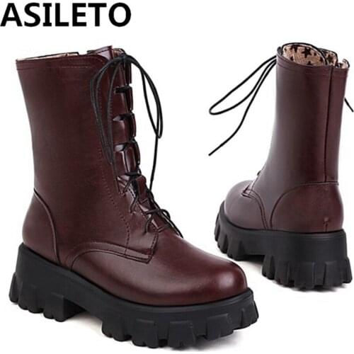 ASILETO Women Fashion Mid-Calf Boots Shoes Round Toe Thick Bottom Platform Buckle Winter Warm Lace Up Ladies Red 43 S2455