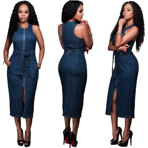 Women Dress Sleeveless Jeans Casual Slim Jeans Sexy Bodycon Sashes Long Dresses Zipper Pockets Denim Dress Vestido New