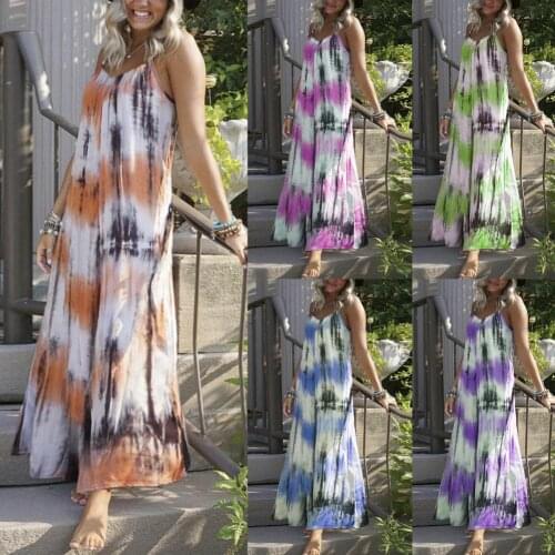 New Summer Dress Women Elegant Stylish V Neck Spaghetti Straps Tie Dye Large Hem Beach Long Sling Dress Party Floral Sundress