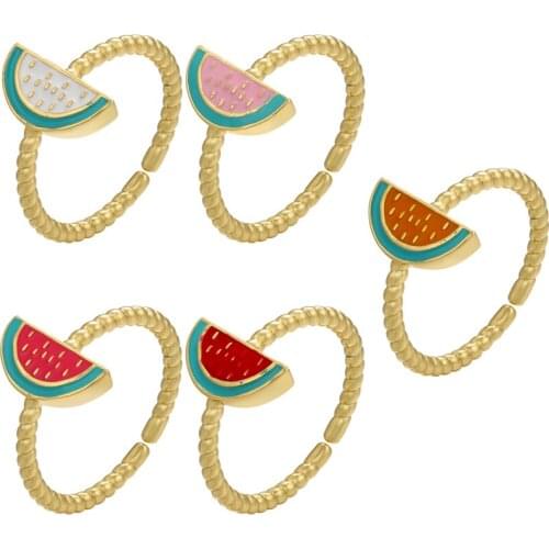 ZHUKOU gold watermelon fruit ring enamel open ring summer Dripping oil girls rings for party Trendy Jewelry Wholesale VJ254