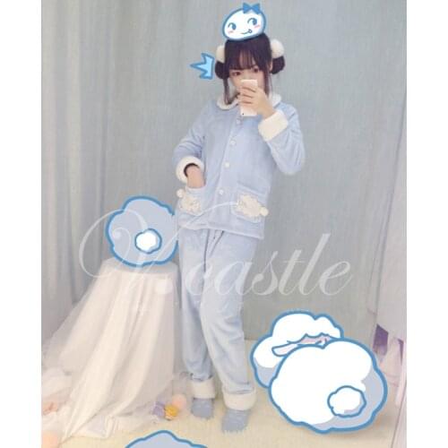 Kawaii Girls Sheep Theme Tails Fur Ball Pocket Winter Fleece Sleep Wear Cute Pajamas Set Lolita Home Wear Warm Cute Baby Blue