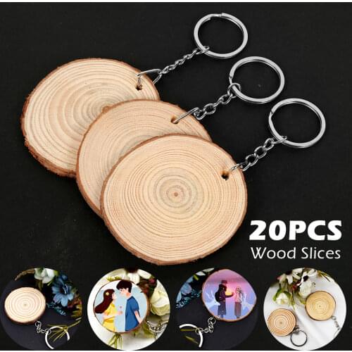 20pcs Round Shape Natural Wooden Ornament Unfinished Wood Slices With Keychain DIY Crafts Wedding Party Home Decoration
