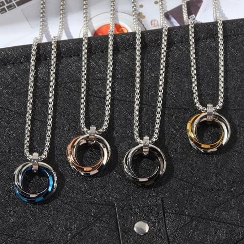 2021 New Three Ring Pendant Stainless Steel Mens Necklace 3 Interlocking Rings Zircon Hip Hop Necklace Fashion Party Decoration