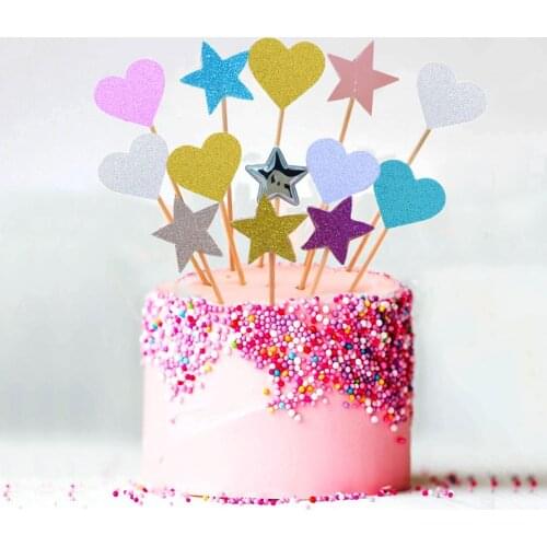 4 Pcs Glitter Cake Topper Golden Color Heart Star Paper Cupcake Topper Happy Birthday Party For Kids Wedding Decoration