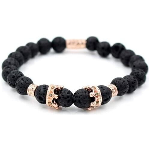 8mm ys12 gold silver micro pave cz zircon cubic zirconia Bracelet elastic adjusted bead black stone volcanic lava Bangles