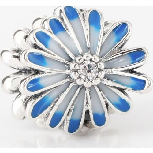 Free Shipping Authentic 925 Sterling Silver Blue Daisy Flower Charm Fit Original Bracelet For Women DIY Jewelry S925 Beads