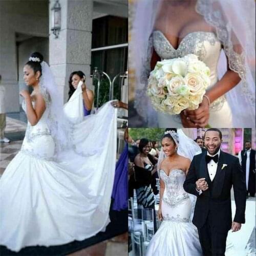 Sparkly Mermaid Wedding Dresses Sweetheart Satin Crystal Beaded Bridal Gowns Arabic Plus Size Wedding Dress Robe De Mariee